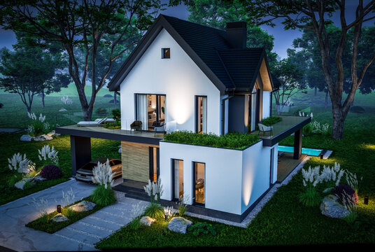 3d rendering of contemporary architectural luxury house exterior at night. Modern Scandinavian style family home, dramatic exterior lighting and garden landscaping at twilight