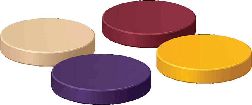 Four colorful isometric circular platforms or podiums isolated on a white background for digital graphic design