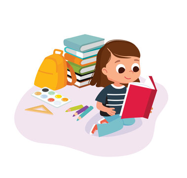 Girl reading a book. A child seats near beside pile of books with school supplies around. Little baby girl is reading and dreaming. Homework reading. Vector illustration. Flat design.  