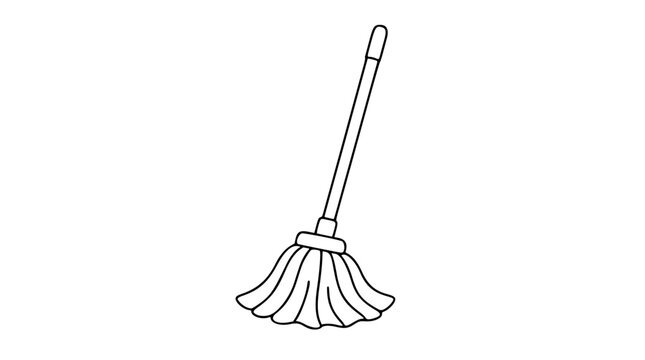 Refined black and white line art vector icon showing a traditional spin mop with circular bucket-ready design and absorbent head, suitable for cleaning service websites, appliance manuals, or home org