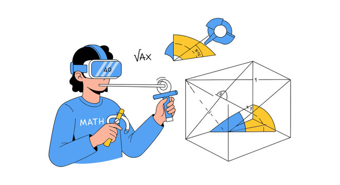 Student Learning Math in Virtual Reality VR Illustration - 3D Geometry and STEM Education Concept