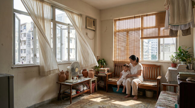 Family using passive cooling inside a heat stressed apartment