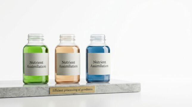 Bottles with nutrient assimilation liquids on marble shelf