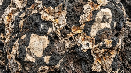 Fototapeta premium Close up of dark lava rock surface with cream marble veins