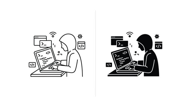 Software developer coding at laptop computer line and solid vector icon set
