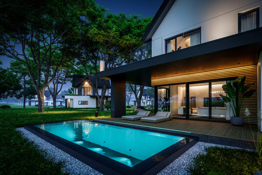 3d rendering of contemporary architectural luxury house exterior at night. Modern Scandinavian style family home, dramatic exterior lighting and garden landscaping at twilight