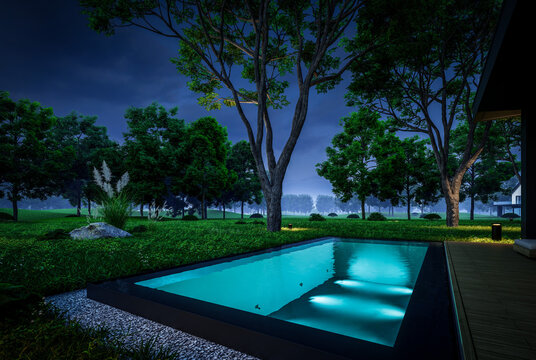 3d rendering of contemporary architectural luxury house exterior at night. Modern Scandinavian style family home, dramatic exterior lighting and garden landscaping at twilight
