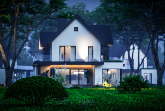 3d rendering of contemporary architectural luxury house exterior at night. Modern Scandinavian style family home, dramatic exterior lighting and garden landscaping at twilight