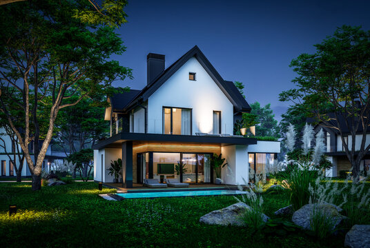 3d rendering of contemporary architectural luxury house exterior at night. Modern Scandinavian style family home, dramatic exterior lighting and garden landscaping at twilight