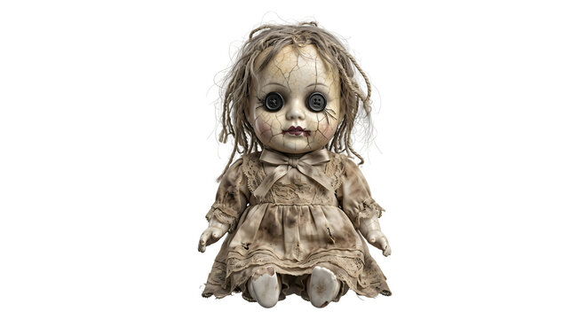 Creepy haunted porcelain doll with cracked face