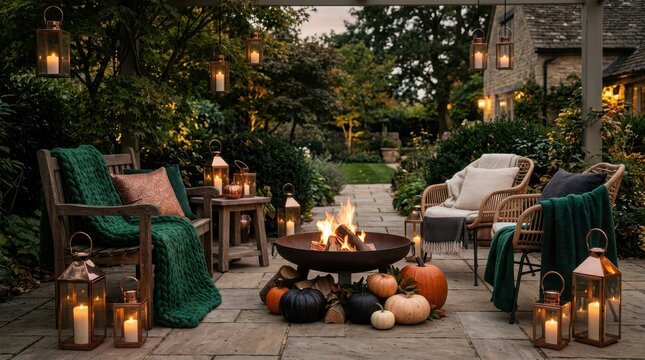 Cozy backyard patio with fire pit pumpkins copper lanterns and green knitted blankets on wooden chairs at dusk evening.