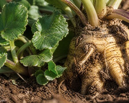Extreme close-up of a maca plant focusing on its thick, textured root.