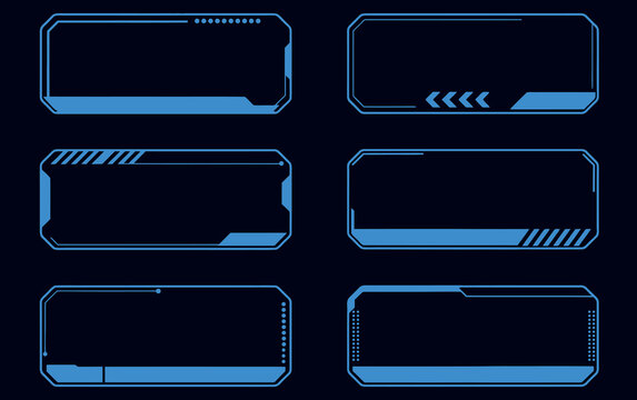 Set of futuristic hud interface frames and glowing blue digital data display boxes for design.