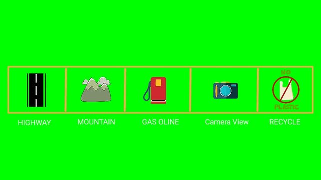 Travel Icons Green Screen Overlay with Highway, Mountain, Gas Station, Camera and No Plastic Symbol