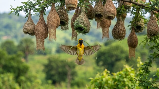 Baya Weaver (Ploceus philippinus) Weaving an Intricate Nest &ndash; Master Architect of the Bird World