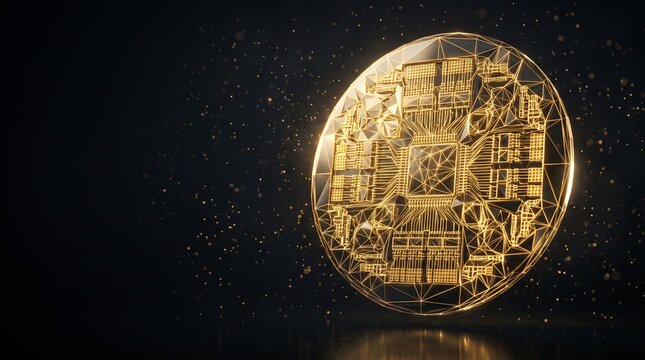Golden low poly wireframe semiconductor chip with futuristic technology design