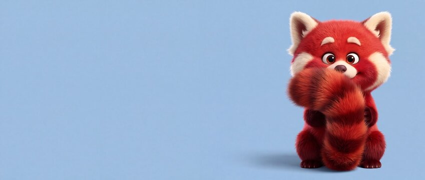 Cute red panda cartoon character holding its big fluffy tail on a solid blue background, minimalist animal banner with copy space, adorable animated mascot illustration.