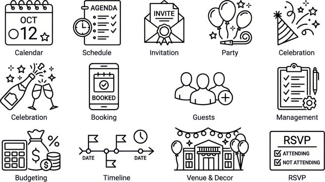 Event planning icons show a calendar, invitation, party, guests, and management