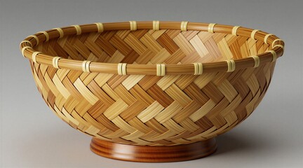 Obraz premium Woven bamboo bowl with intricate pattern sits on wooden base. Natural material container for food or decor. Handmade artisanal kitchenware adds organic touch to home interior design.