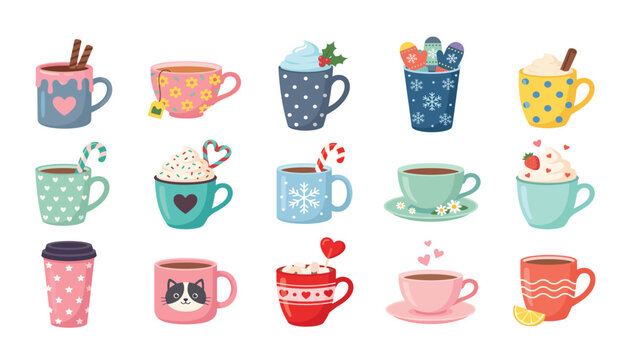 Cute winter hot drink and cozy coffee mug vector illustration set. Cocoa cup with whipped cream, marshmallow chocolate, herbal tea, peppermint candy cane, snowflake and marshmallow toppings.