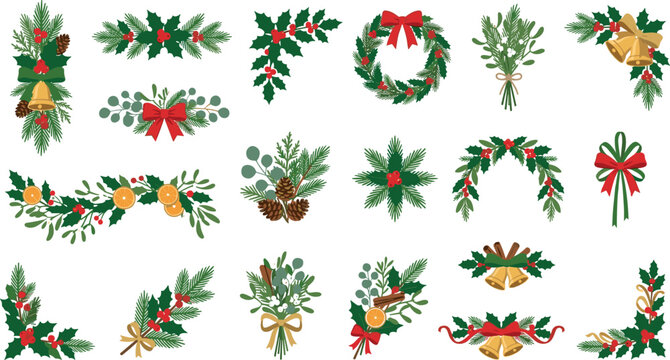 Christmas Wreath and Garland Vector Set with Holly Berries Pine Branches Golden Bells Bows and Winter Greenery Elements for Holiday Greeting Cards and Festive Borders