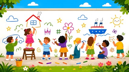 Fototapeta premium happy children painting and drawing colorful pictures together on a large outdoor mural wall