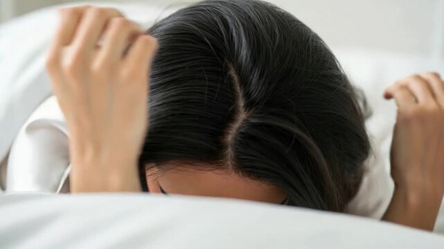 Woman sleeping peacefully in bed with soft lighting rest relaxation