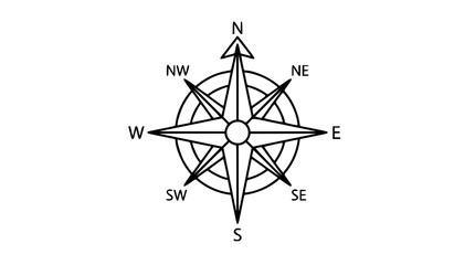 A clean black and white line art vector icon of a mariner compass rose with cardinal directions and decorative wind marks, excellent for nautical navigation graphics or maritime-themed designs. © Amna