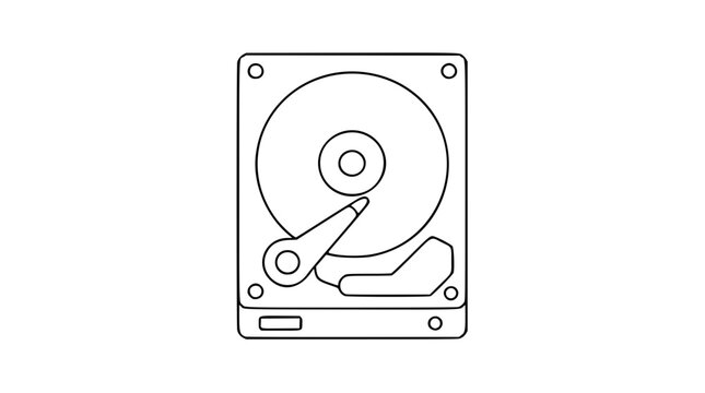 A clean black and white line art vector icon of a hard drive, suitable for digital storage concepts, server maintenance, or computer repair service branding.
