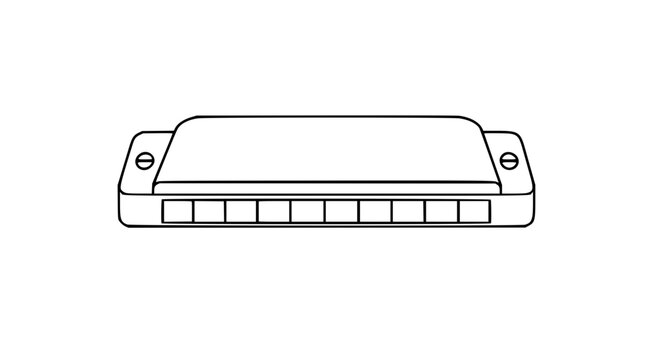 Refined black and white line art vector icon of a harmonica, suitable for music education materials, app interfaces, or creative projects featuring acoustic instruments.