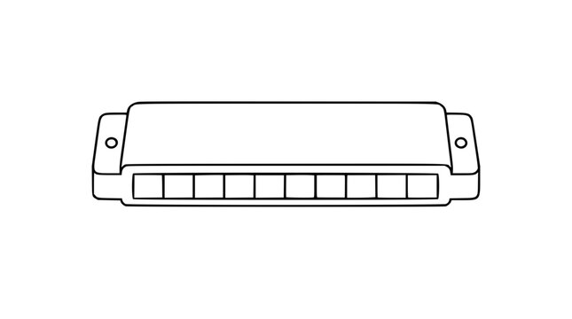 Elegant black and white line art vector icon of a harmonica, ideal for music applications, instrument branding, or cultural design projects needing classic folk symbols.