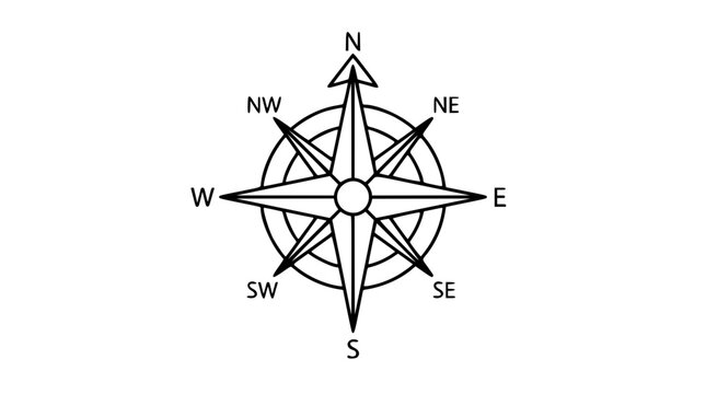 A clean black and white line art vector icon of a mariner compass rose with cardinal directions and decorative wind marks, excellent for nautical navigation graphics or maritime-themed designs.