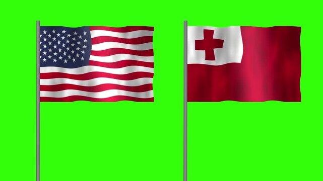 Flag of Tonga and USA, Pole flag of Tonga and USA on Green screen chroma key, Tonga and USA flag waving.
