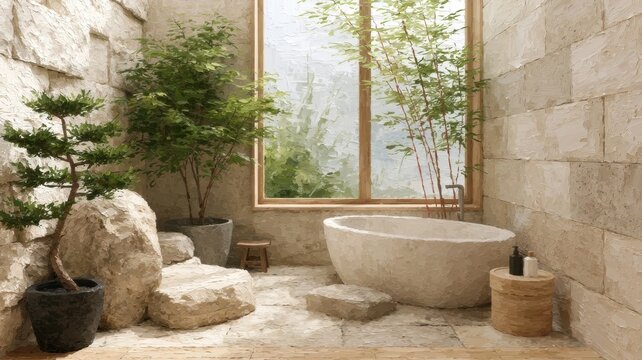 Impasto oil painting of a zen bathroom interior with warm neutral tones and textured stone surfaces