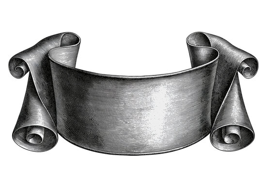 Vintage silver scroll ribbon with curled ends on transparent