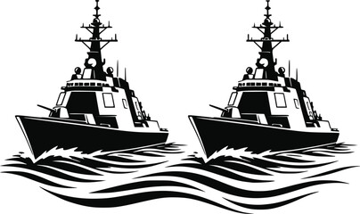 Modern Stealth Patrol Ships Vector Illustration, Military Navy Fleet on Ocean Waves © Nila