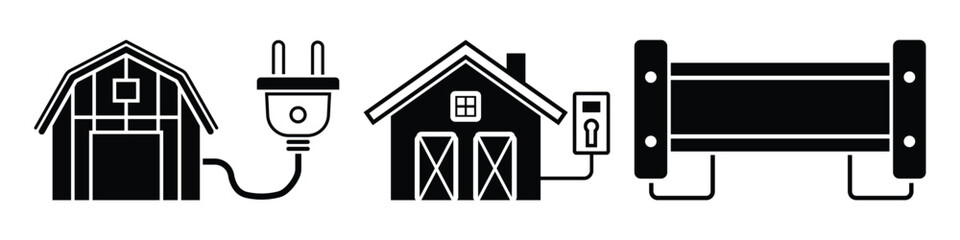 Showing barns connected to electrical power plugs and charging stations for sustainable farming and agriculture technology Icons on transparent background © CleanIcons
