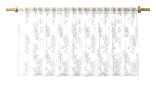 White floral lace window valance on wooden rod
