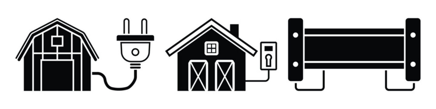 Showing barns connected to electrical power plugs and charging stations for sustainable farming and agriculture technology Icons on transparent background