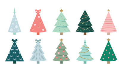 Obraz premium Minimalist Christmas tree and festive winter holiday vector illustration set. Decorated pine fir, pastel baubles, golden star topper, lights garland, bow knots and seasonal celebration elements.