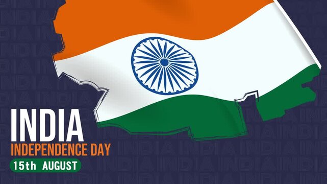4K India Independence Day loop video featuring a waving flag within the national map silhouette and patriotic text on a dark blue patterned background for event backdrops.