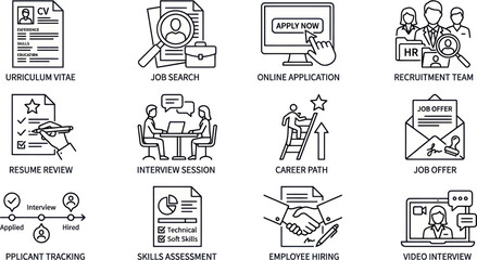 Obraz premium A collection of job search and recruitment illustrations featuring various career development icons.