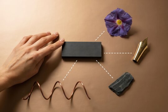 A hand places a small black object on a table with a purple flower, copper wire, and other metal pieces nearby.