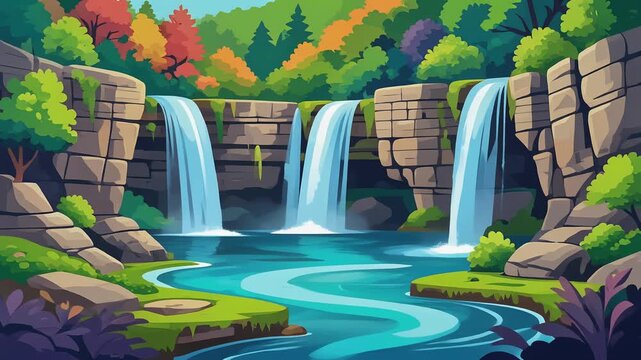Flowing waterfalls cascading over rocky cliffs in a lush forest landscape