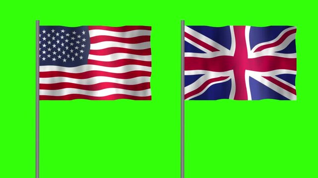 Flag of United Kingdom and USA, Pole flag of United Kingdom and USA on Green screen chroma key, United Kingdom and USA flag waving.
