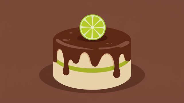 Flat vector style illustration of a chocolate cake with a lime slice topping
