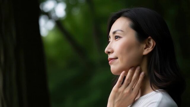 Woman whispering secret in lush forest ambiance