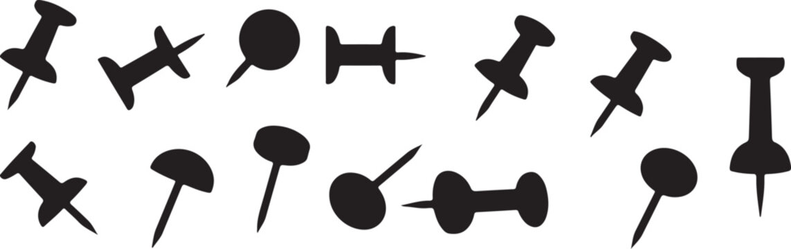 Various black push pins on white background for organizational use