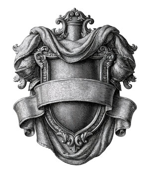 Medieval knight shield crest with ornate armor and banner ribbon