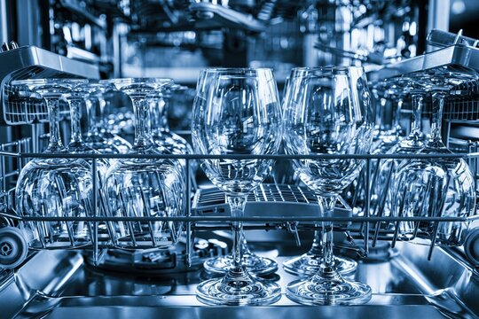 Industrial dishwashing machine with glassware in modern factory